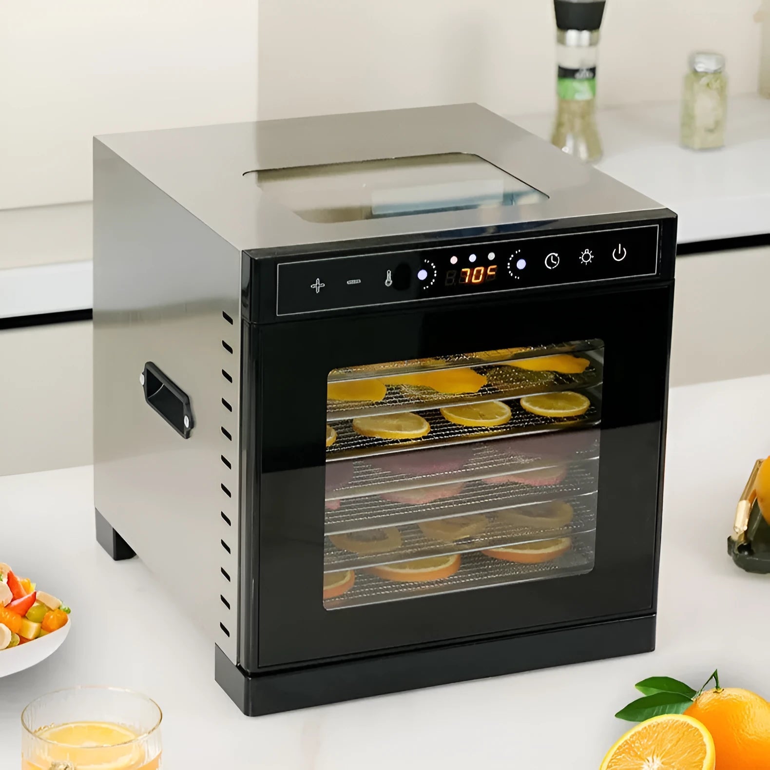 Stainless steel fruit dehydrator appliance with a visual skylight lid and multiple drying trays