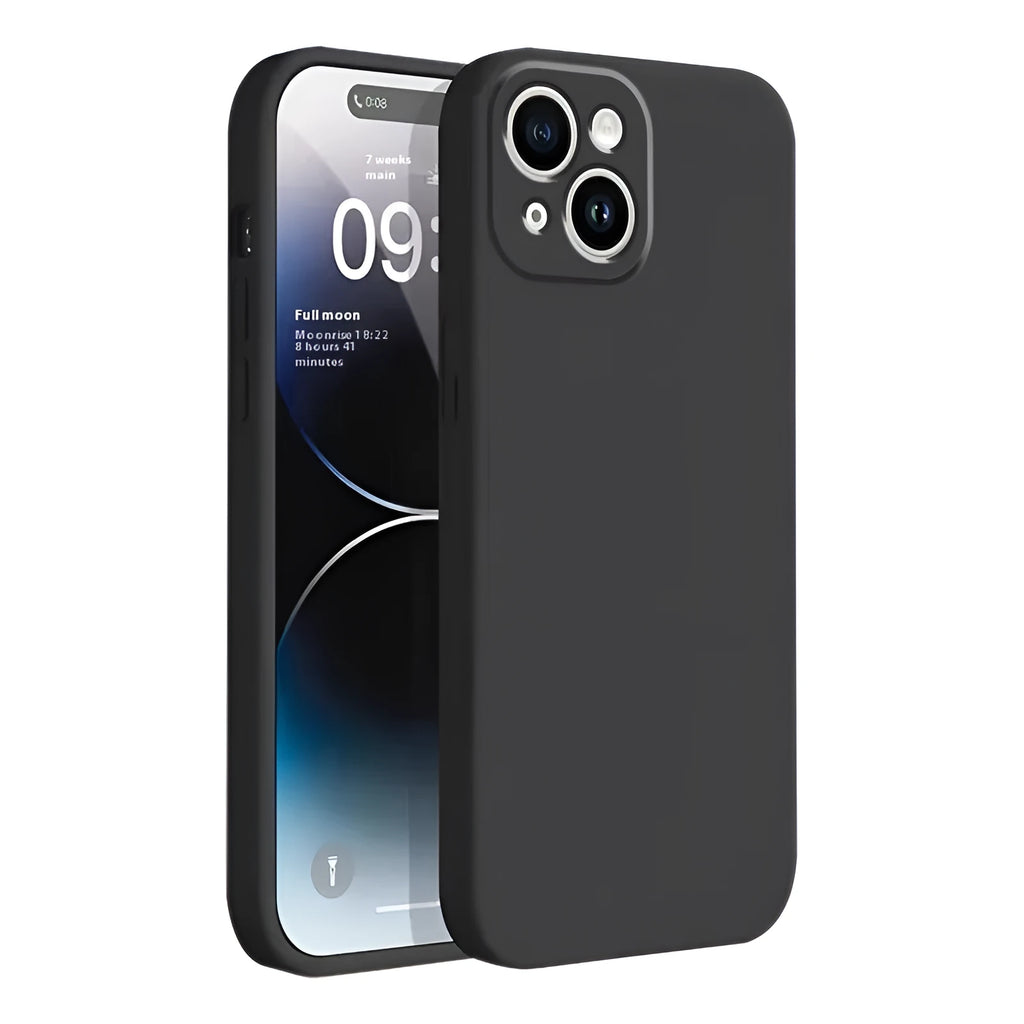 Mobile phone silica gel protective shell for Apple iPhone in classic black showing TPU material and cut-outs.