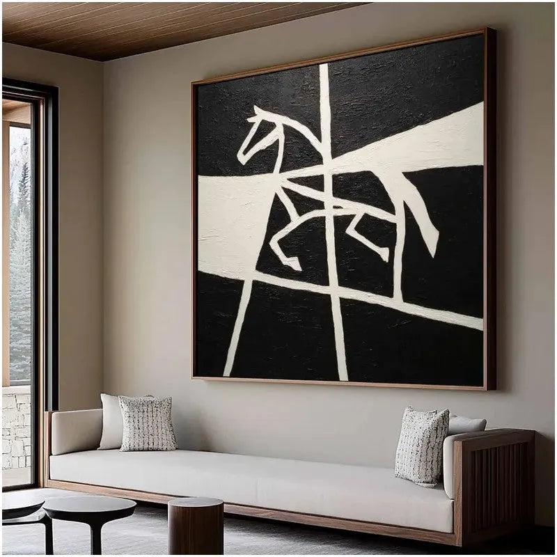 Hand-painted oil painting canvas wall art with black and white horse motif, square modern design, rolled unstretched frameless