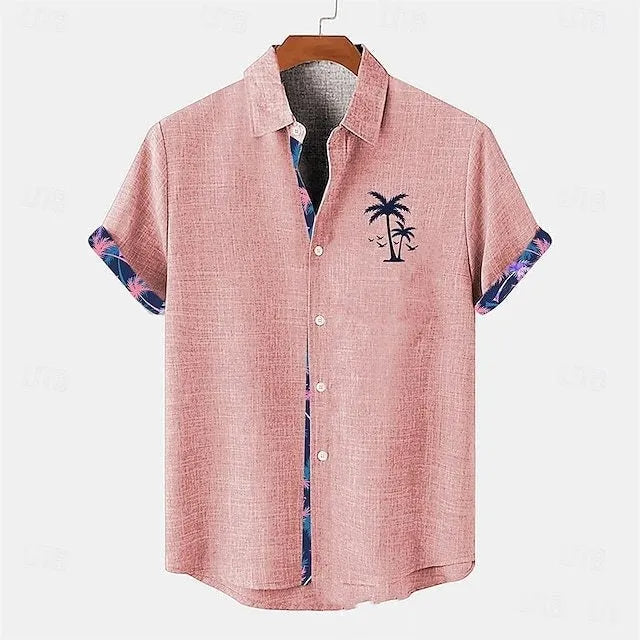 Man's loose fit linen short sleeve shirt showing ocean fish pattern detail on the lapel.