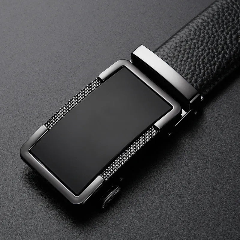 Men's leather belt with a silver automatic comfort click buckle on a black background.