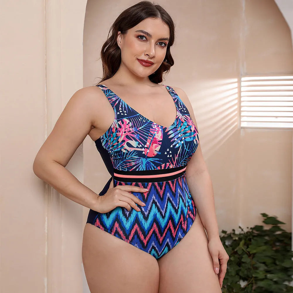 Women's blue printed spaghetti strap one-piece swimsuit with striped vest design for swimming sports