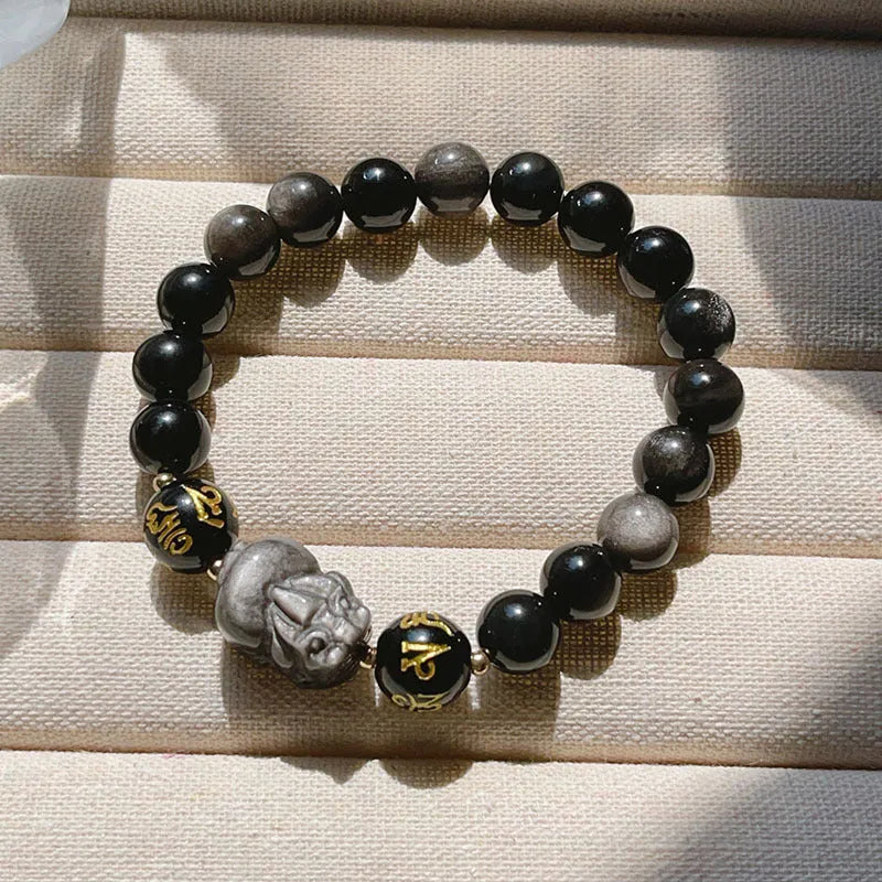 Men's silver stone bracelet featuring Chinese zodiac design, anniversary year motif and six-word proverbs bead