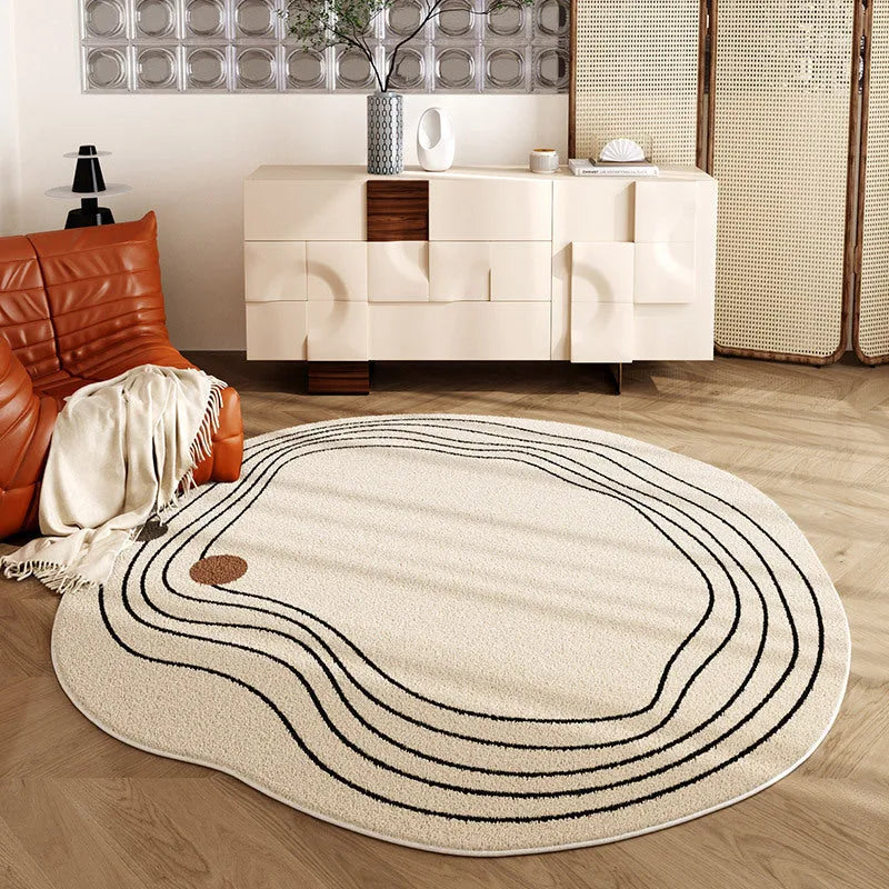 Square polyester carpet with printed stripes, shown in a living room or bedroom, available in six sizes from 60x60cm to 180x180cm.