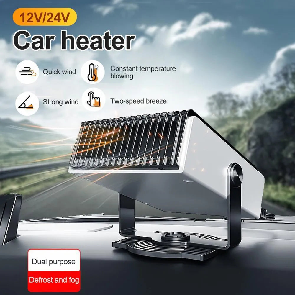 Black and white portable car heater and cooling fan, 180-degree rotation, 150W, 12V 24V, 1.5m cord.