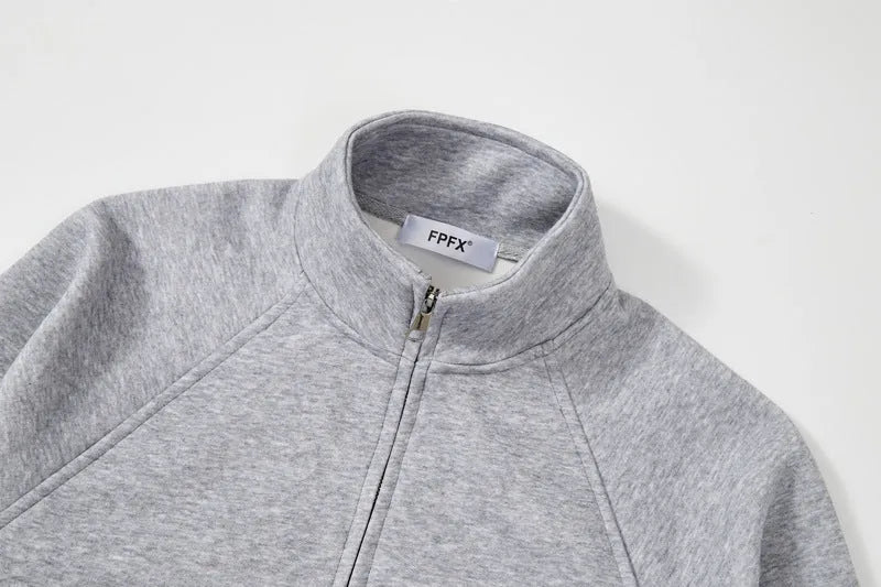 Men's stand collar zip sweatshirt jacket in gray or black, loose thin polyester cardigan with side seam pockets