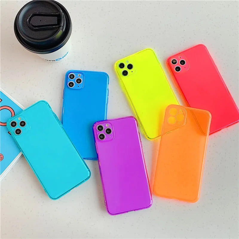 Transparent fluorescent TPU phone case for Apple iPhone 13 14 15, back cover in dark blue orange purple yellow rose light purple.