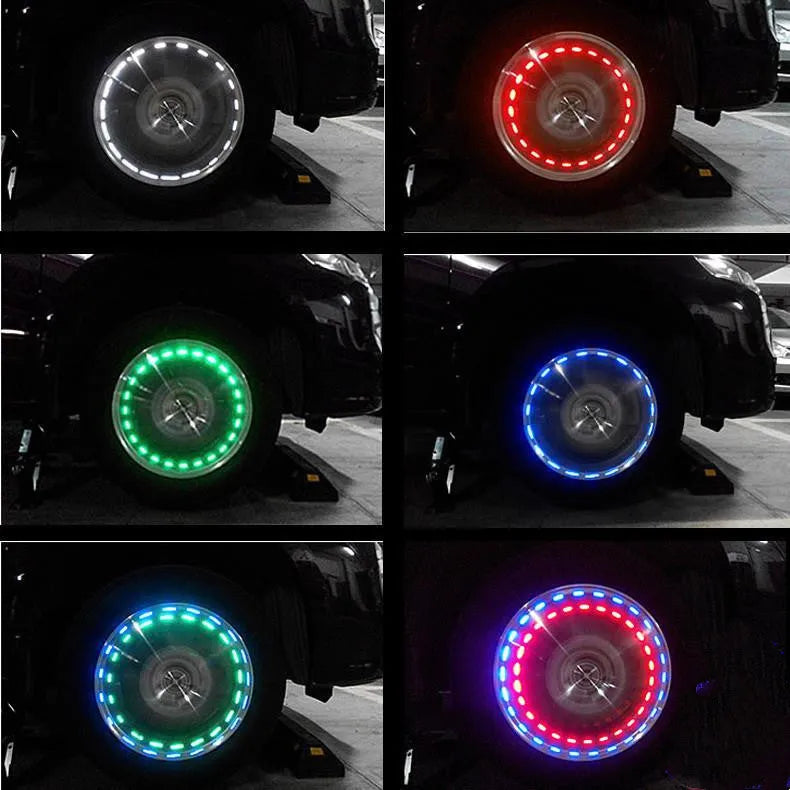 Solar powered colourful wheel hub lamp attached to car tyre valve with flashing light