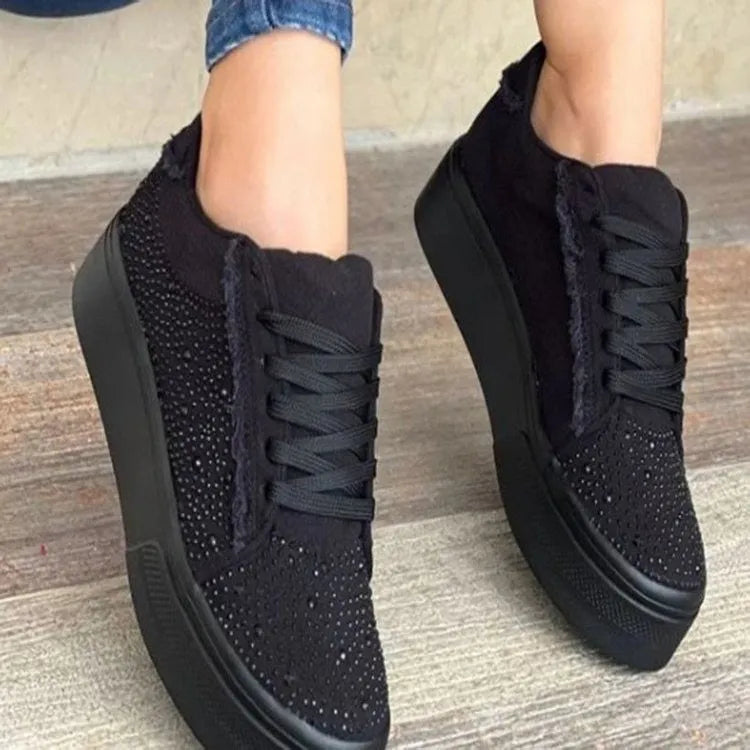 Plus size women's black lace-up casual sports shoes with rhinestones and a thick rubber sole.