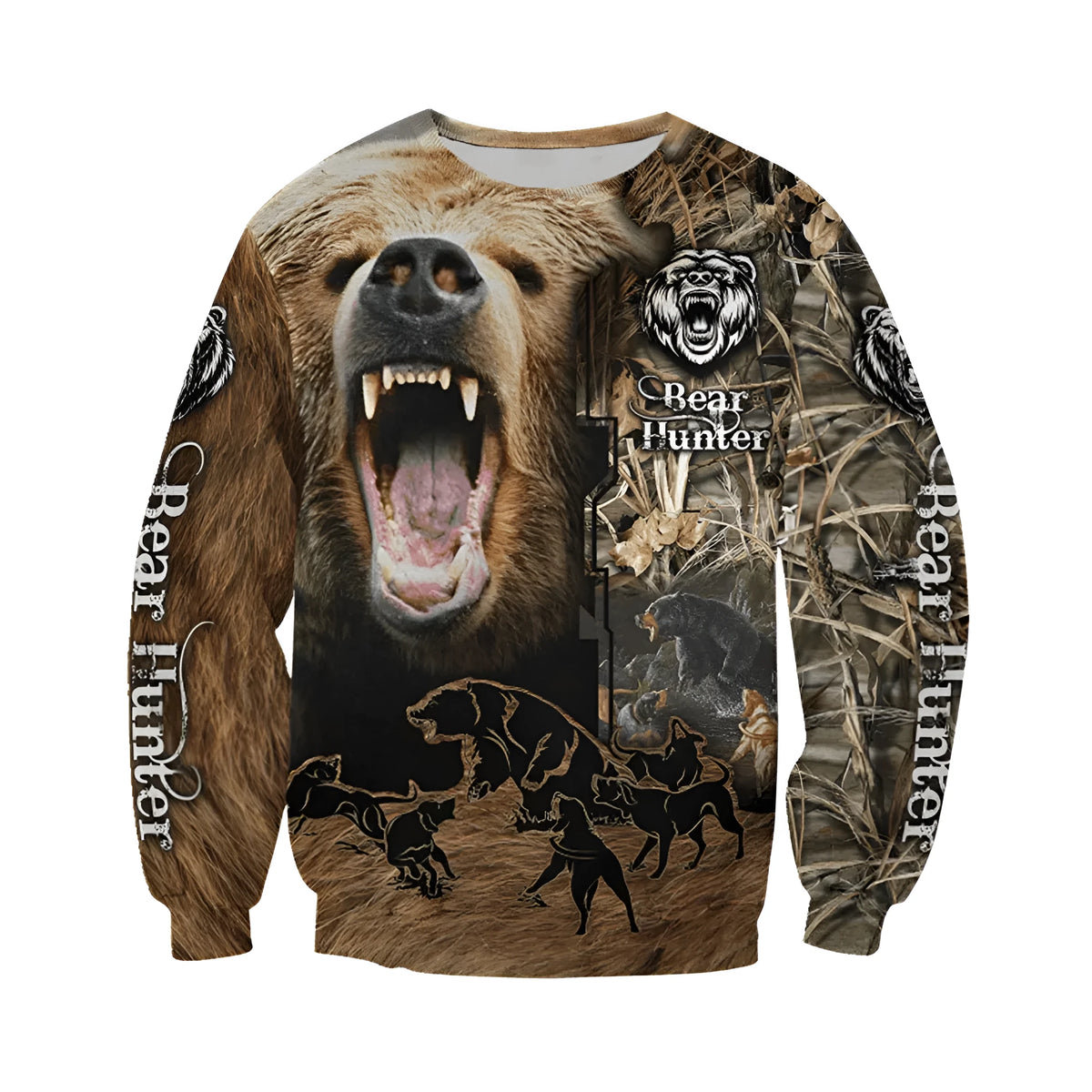 Men's hunting camo 3D printed zip hoodie in youth style, front view showing full zipper and camo pattern