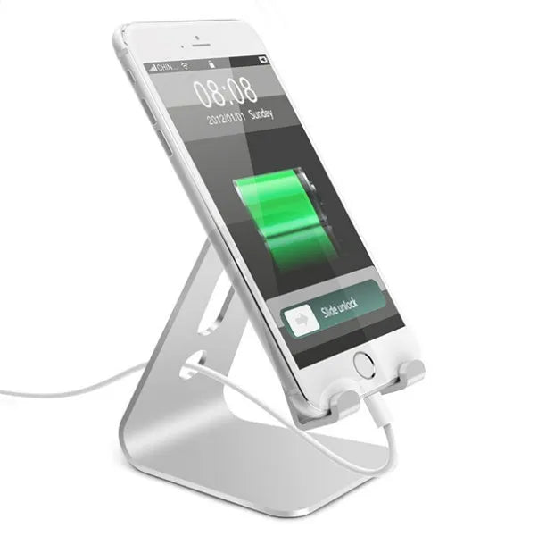 Aluminium alloy universal phone and tablet stand folded flat and unfolded at an angle.