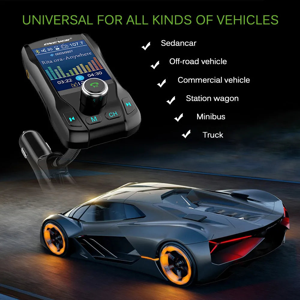 Black car Bluetooth FM transmitter with colour screen and dual USB ports plugged into a car dashboard