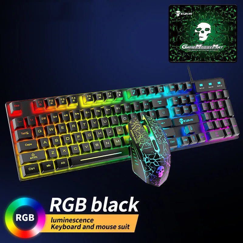 Kuiying T6RGB white RGB keyboard and mouse set with rainbow lighting, three DPI mouse, and included mouse pad on desk