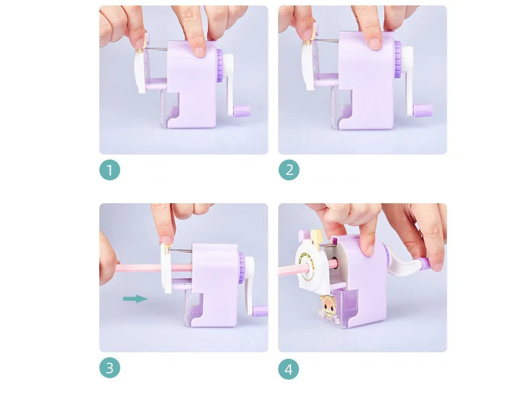 Cartoon geometric pet pencil sharpener in blue, green, pink, or purple colour options