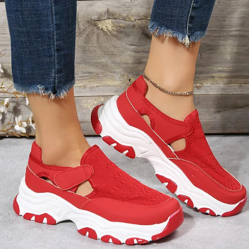 Women's mesh sport shoes with round toe, low heel, and Velcro fastening in a solid colour