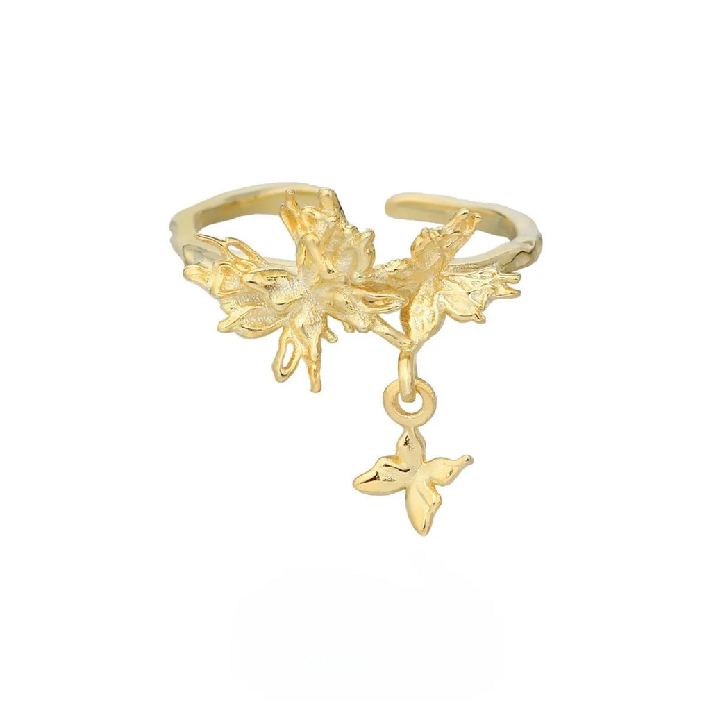 Adjustable silver butterfly ring for women in white gold or 18K gold electroplated finish.