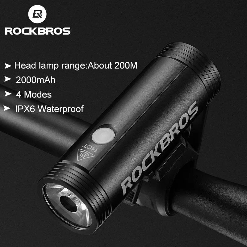 ROCKBROS R1 black aluminium alloy bicycle headlight with 400/800 lumen output and IPX6 waterproof rating
