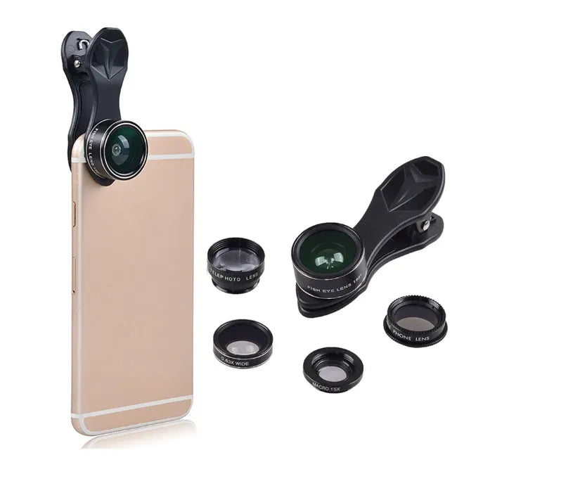 Universal 5 in 1 smartphone lens kit with fisheye, wide angle, macro, telephoto and CPL lenses on a table.