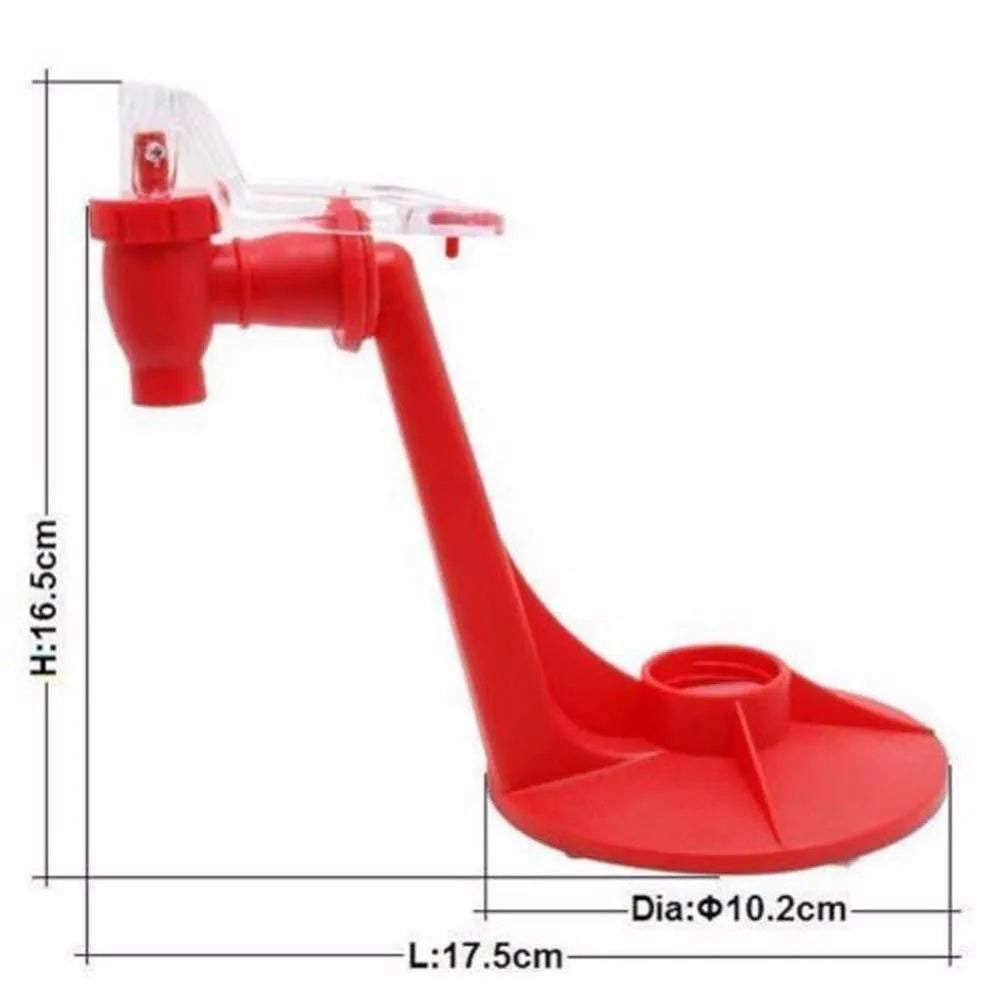Red plastic Magic Tap soda dispenser attached to inverted 2-litre bottle for push-button drink serving