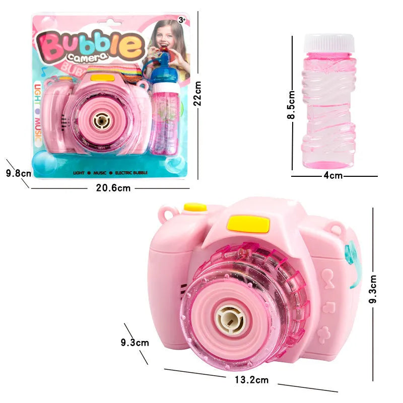 Green or pink camera-shaped automatic bubble machine for kids with LED lights