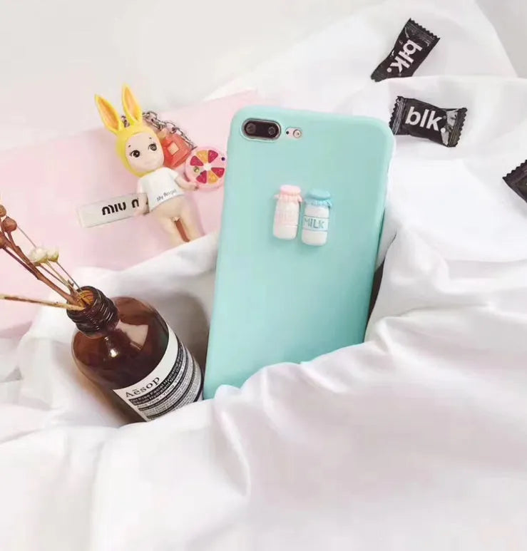 Frosted mobile phone case with 3D baby bottle and coffee cup design in turquoise