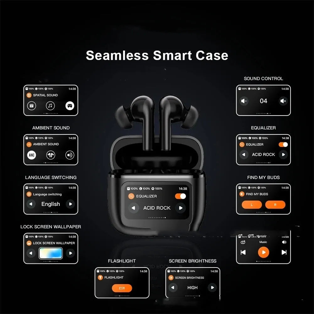 T68 PRO wireless Bluetooth headset with touch colour screen in black, silver, and champagne colours