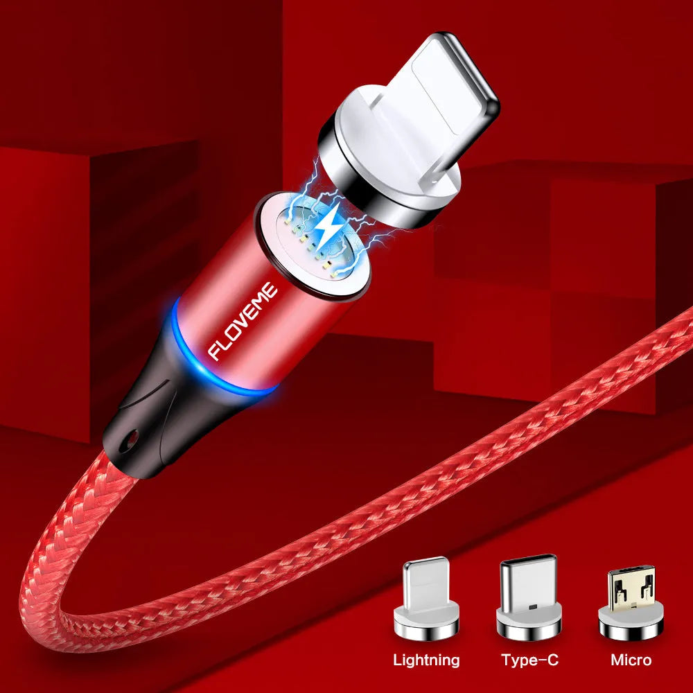 Black 3A fast charge magnetic data cable with 3-in-1 connector for iPhone, Android and Type-C.
