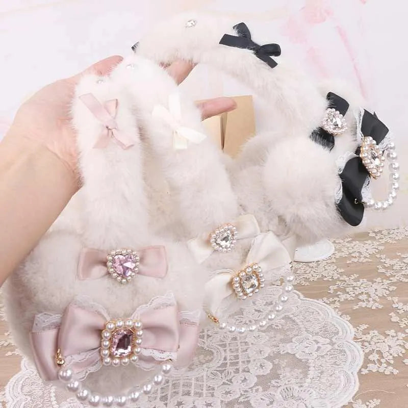 Plush heart bow tie earmuffs with 11x11cm big heart design in Black, Light meat powder, or Milky White