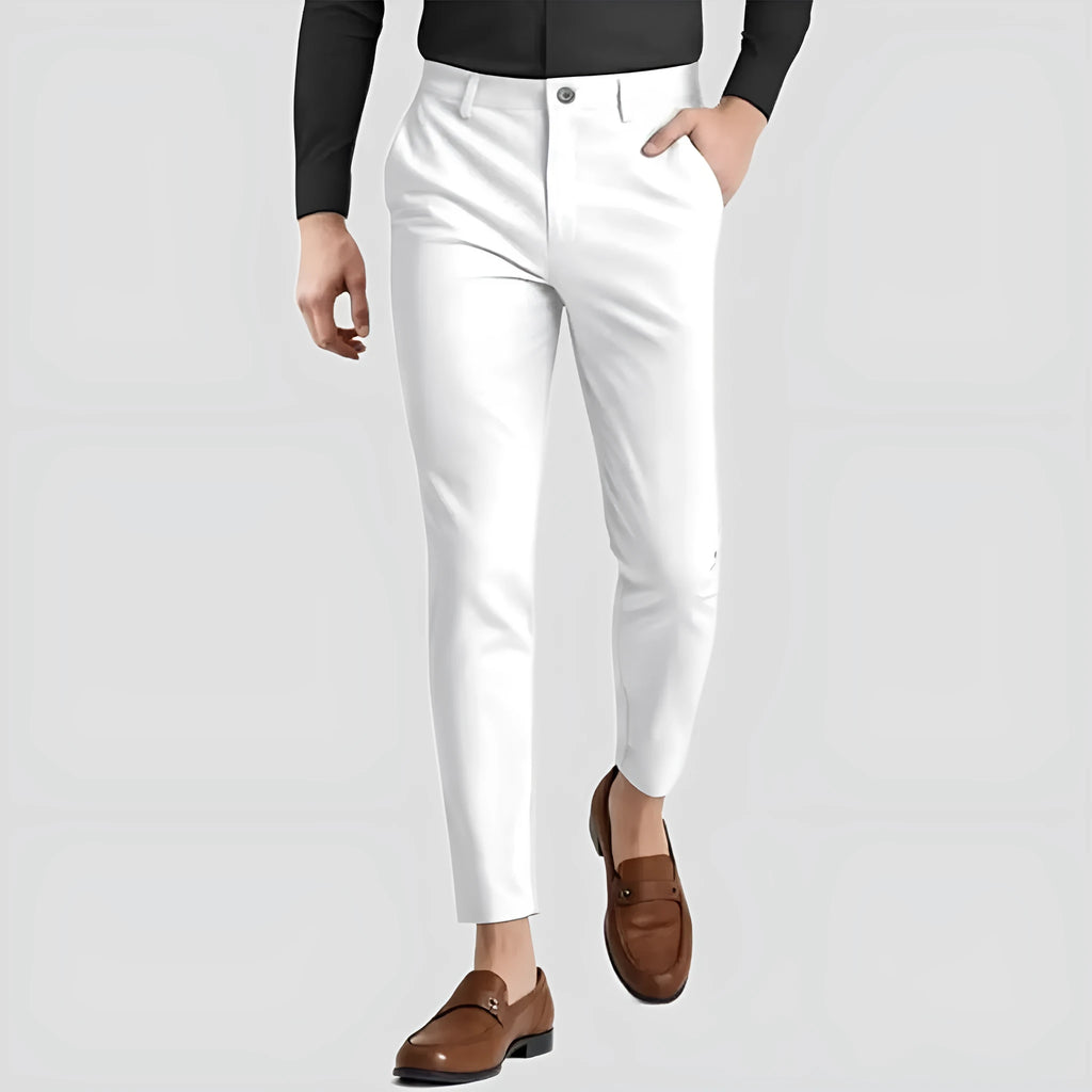 Men's slim fit elastic cotton casual pants in British style, available in multiple colours including black and khaki