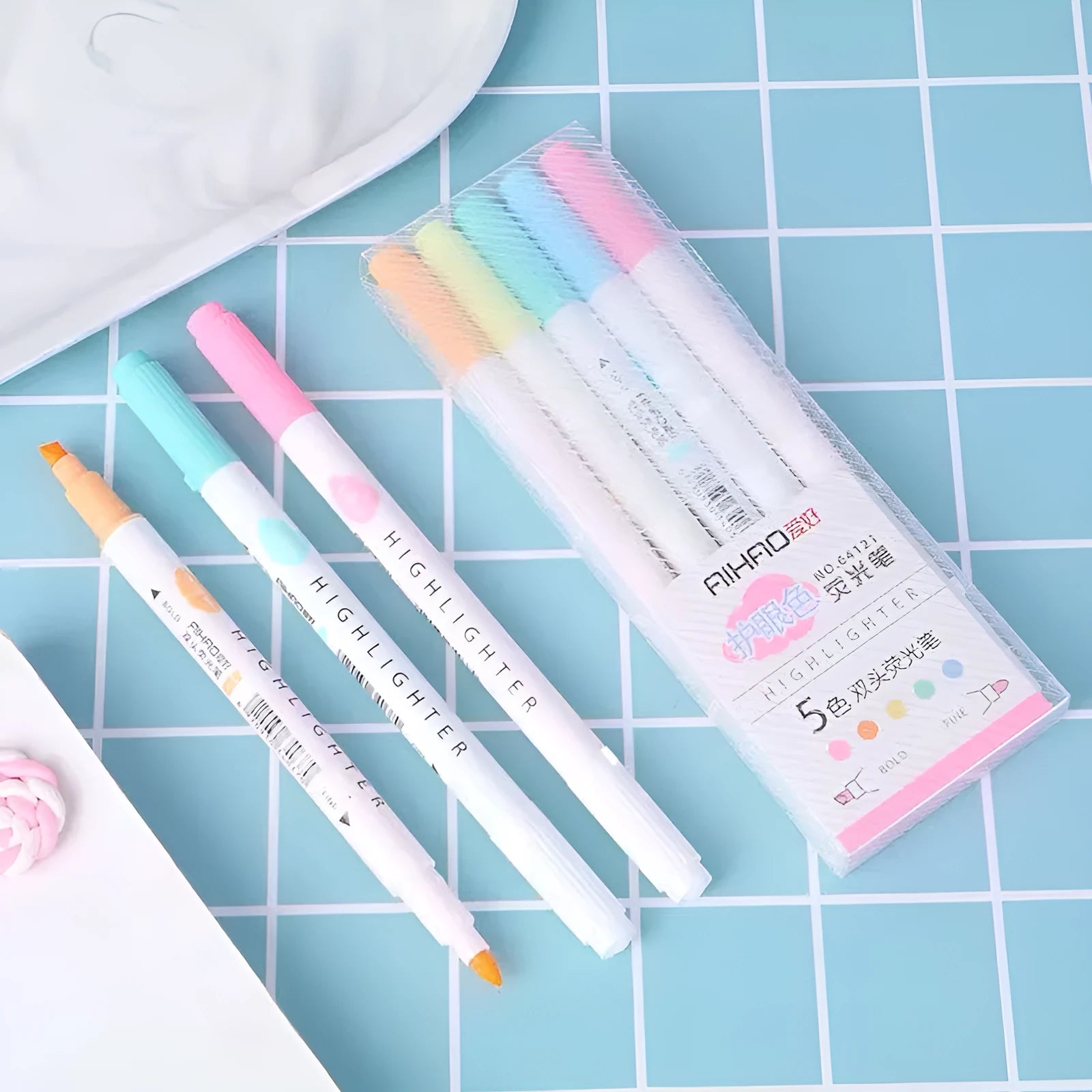 Five double head gel pens with highlighter function in blue, pink, green, orange, and purple colours