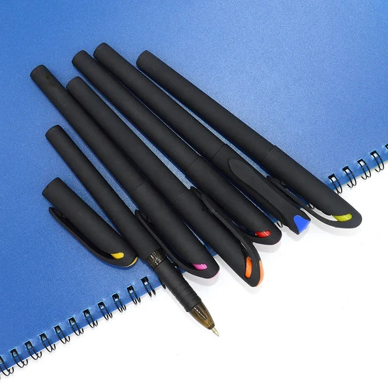 10 plastic gel pens in various colours showing 14cm length with black ink refills for advertising gifts