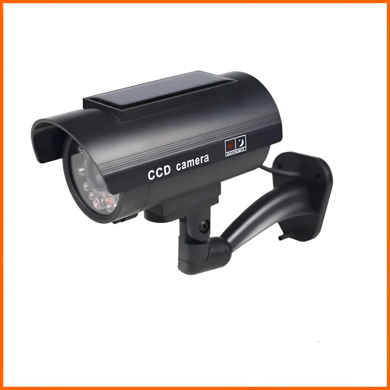 Black plastic solar-powered fake gun security camera with visible solar panel and spot light.