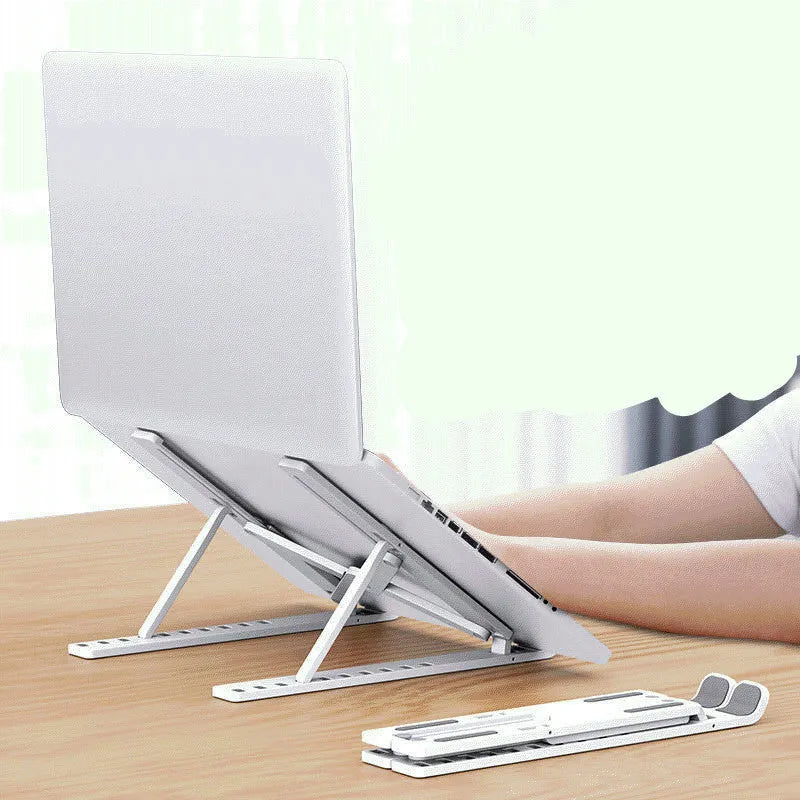Portable black folding laptop cooling stand showing 10-position adjustable bracket on desktop