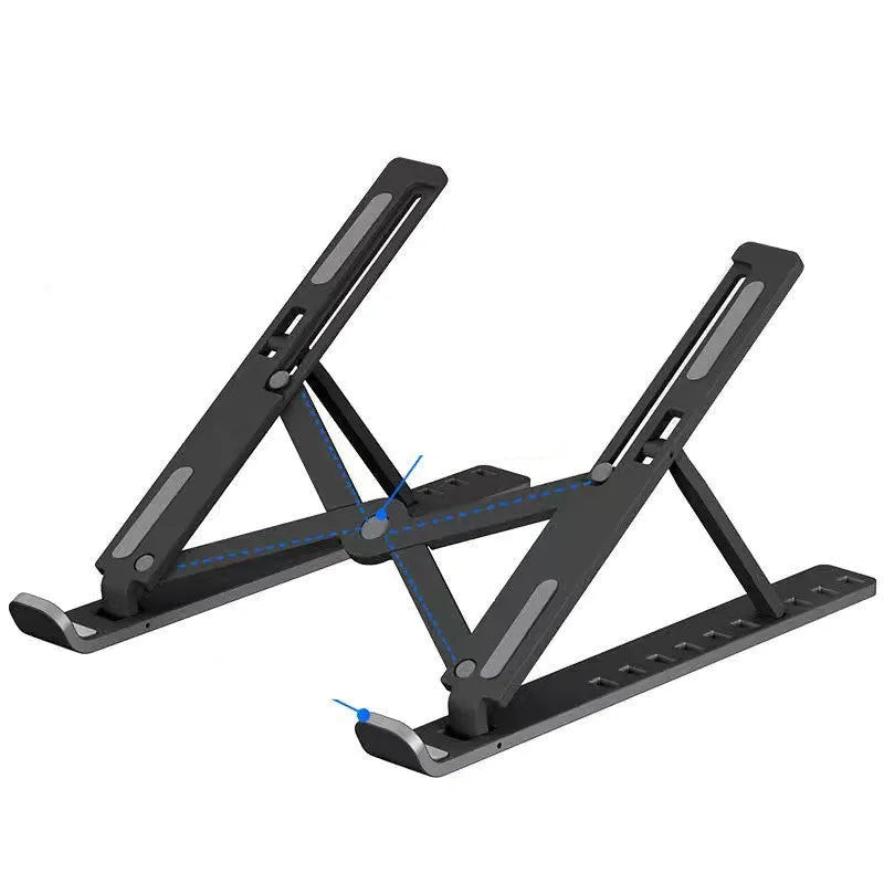 Portable black folding laptop cooling stand showing 10-position adjustable bracket on desktop