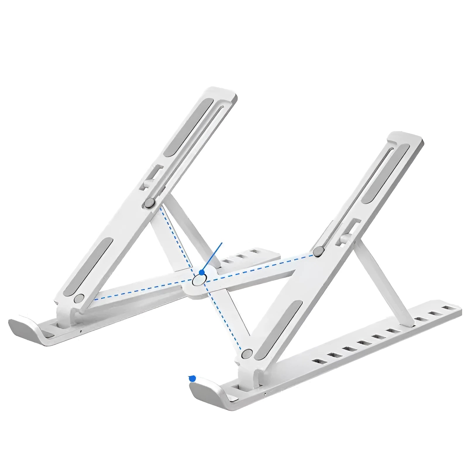 Portable black folding laptop cooling stand showing 10-position adjustable bracket on desktop