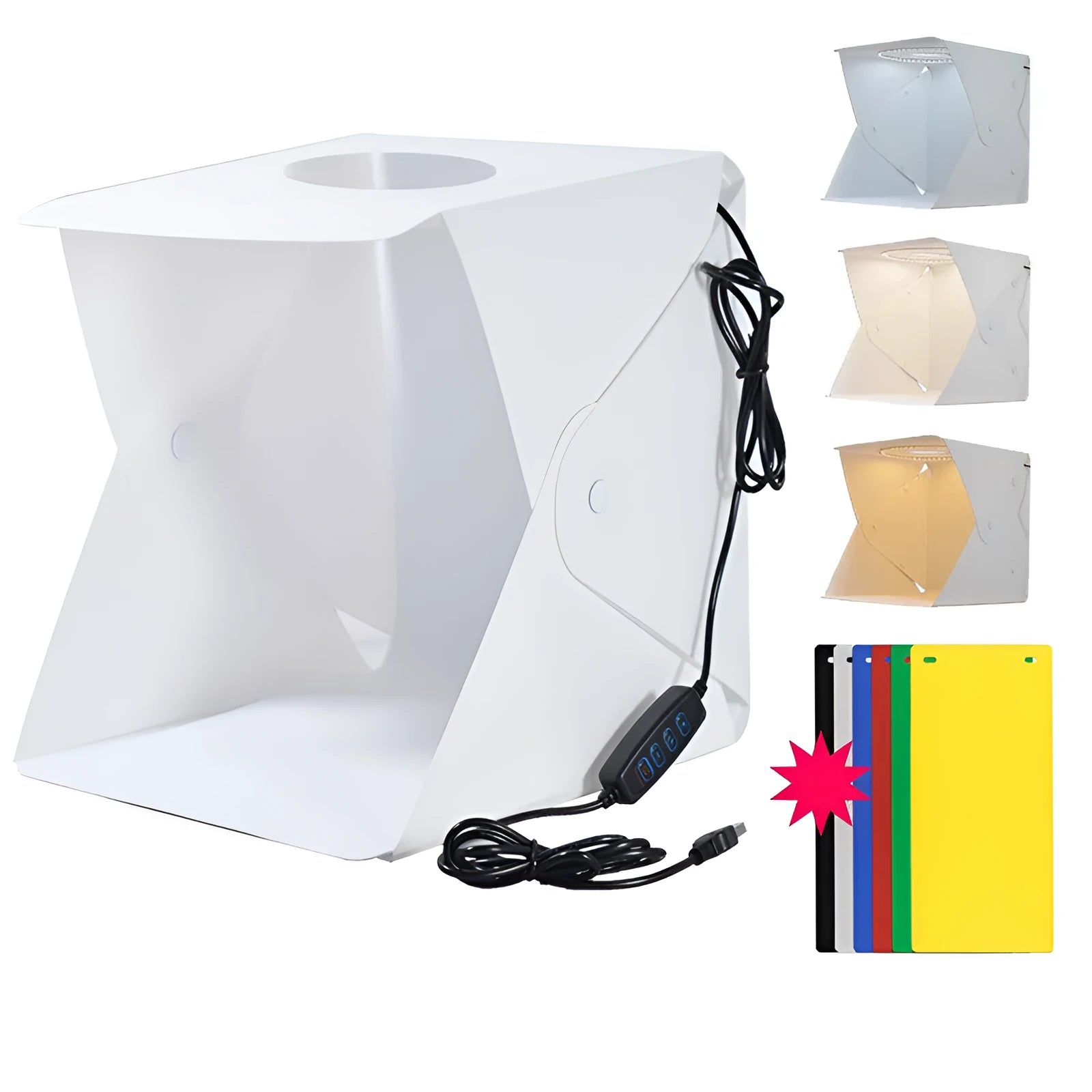40cm folding studio LED soft light box with adjustable lighting and six colour background cloths
