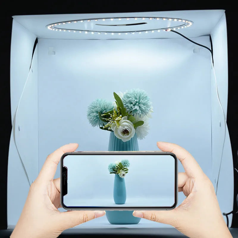 40cm folding studio LED soft light box with adjustable lighting and six colour background cloths