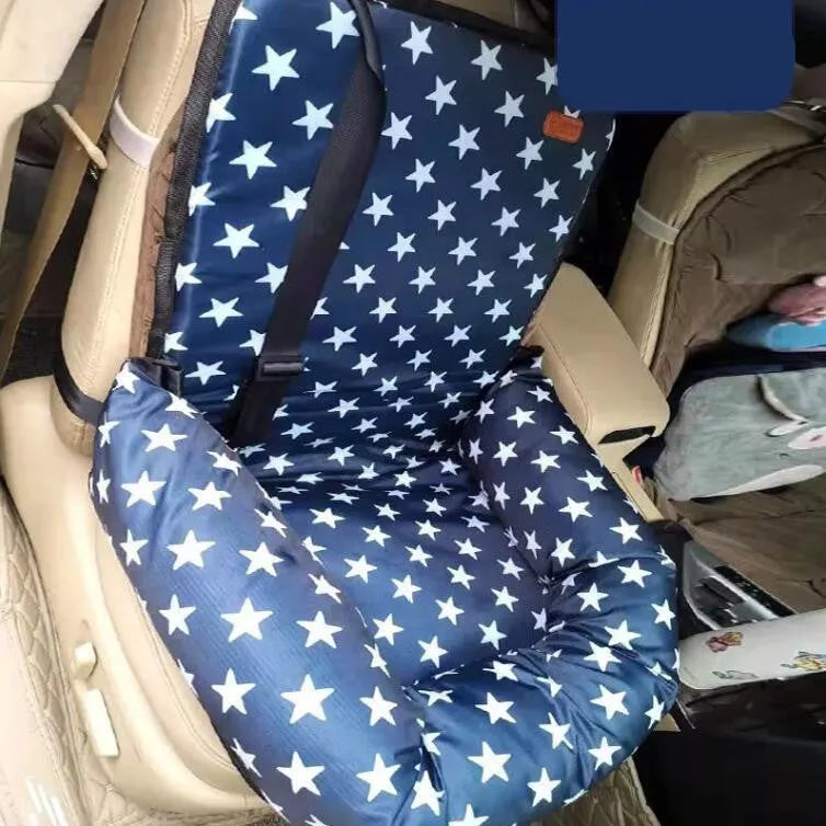 Cloth dog car kennel cushion measuring 50x50x20cm in a neutral colour on a car seat