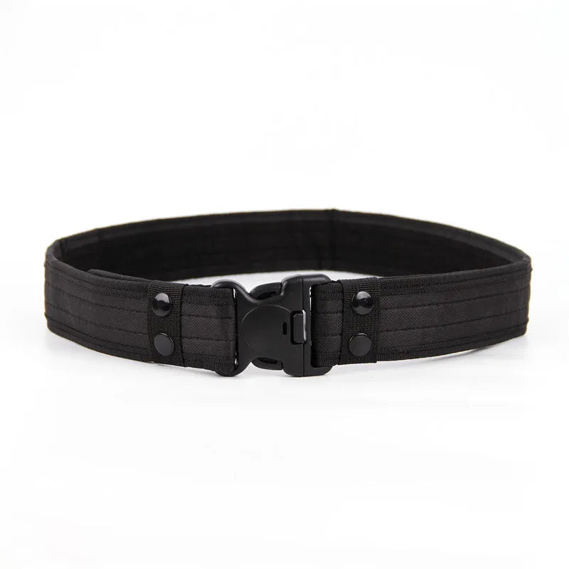 Wide edged outdoor men's thick canvas waist belt, woven fabric, plastic insert buckle, 130cm length, green colour