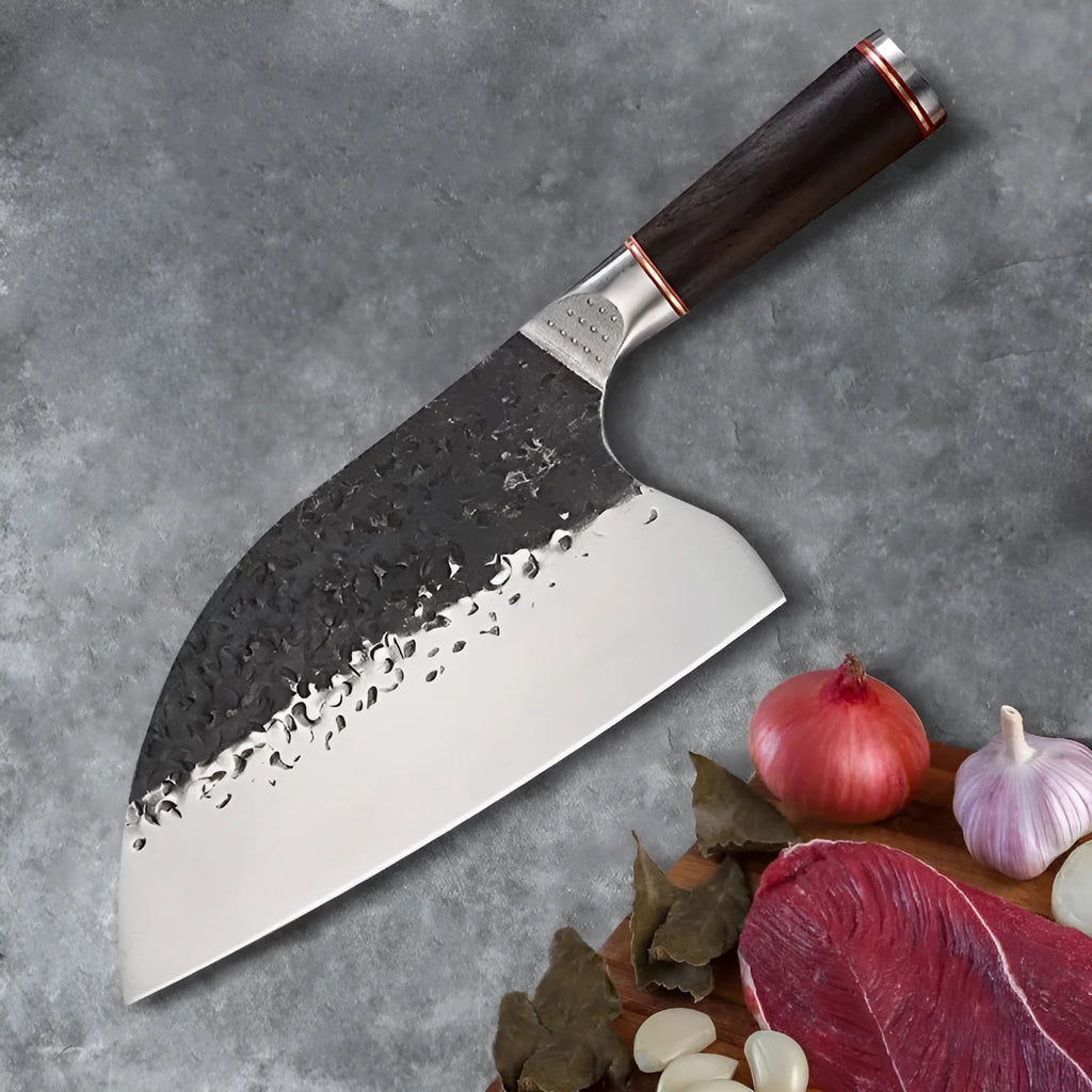 High chromium steel kitchen knife with ebony wood handle for cutting meat and bone.