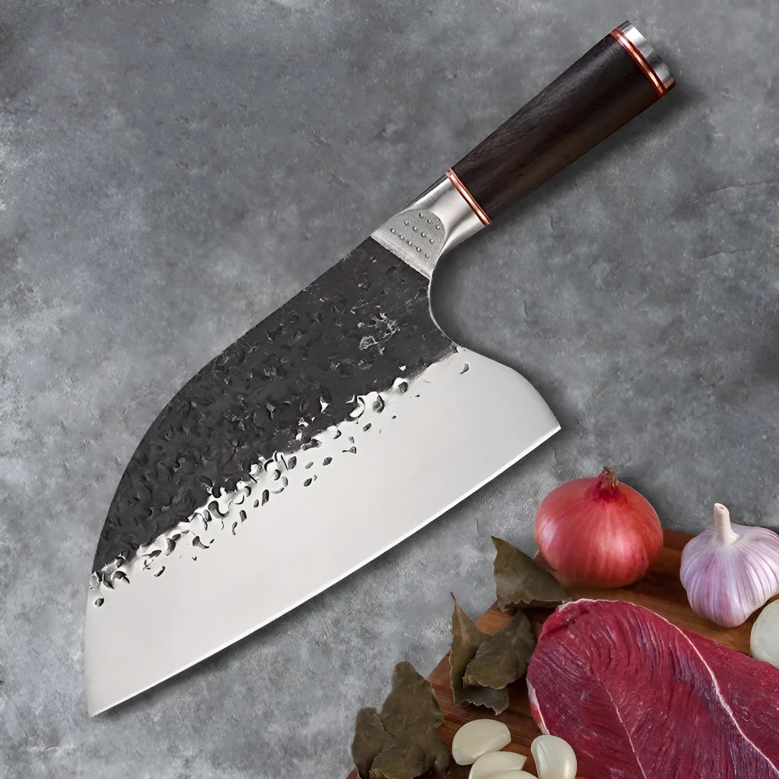 High chromium steel kitchen knife with ebony wood handle for cutting meat and bone.