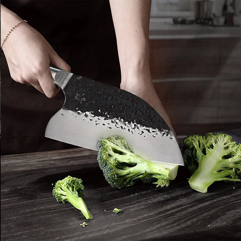High chromium steel kitchen knife with ebony wood handle for cutting meat and bone.