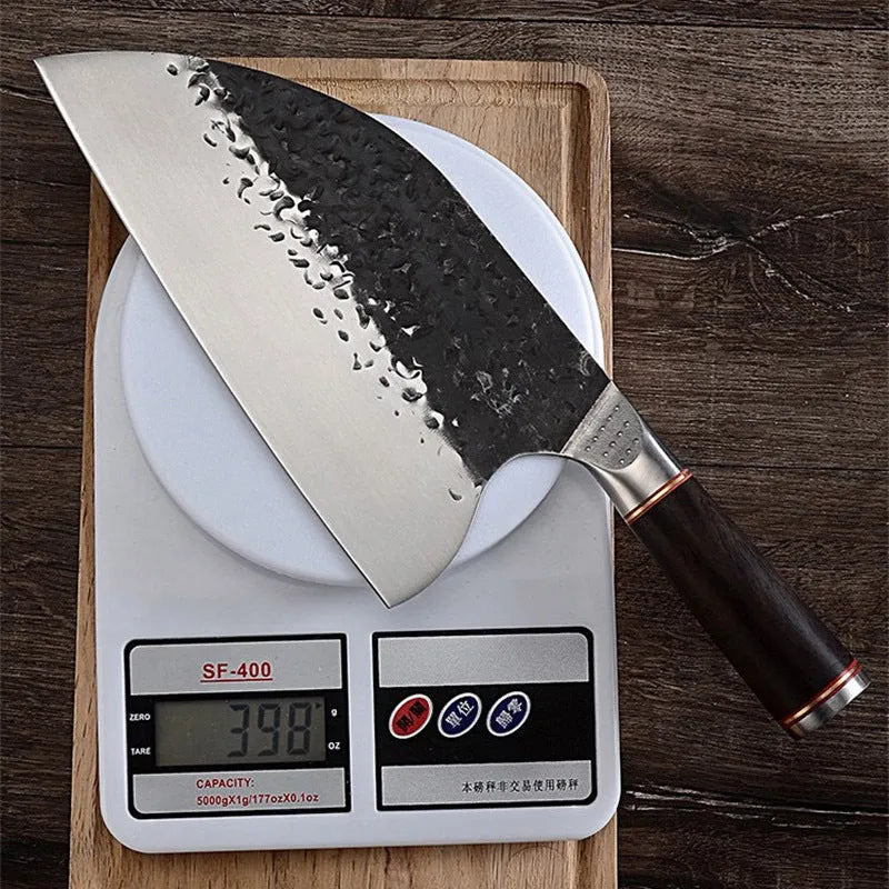 High chromium steel kitchen knife with ebony wood handle for cutting meat and bone.