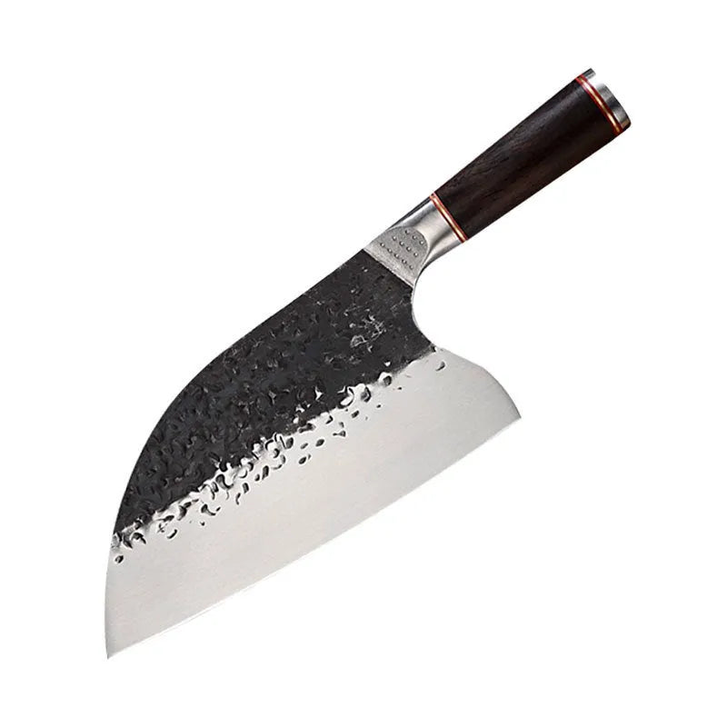 High chromium steel kitchen knife with ebony wood handle for cutting meat and bone.