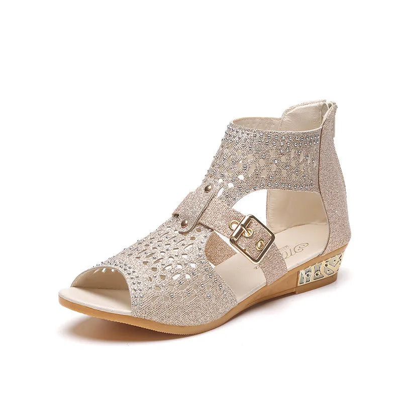 Women's beige flat sandals with wedge heel, back zipper, and fish mouth toe design