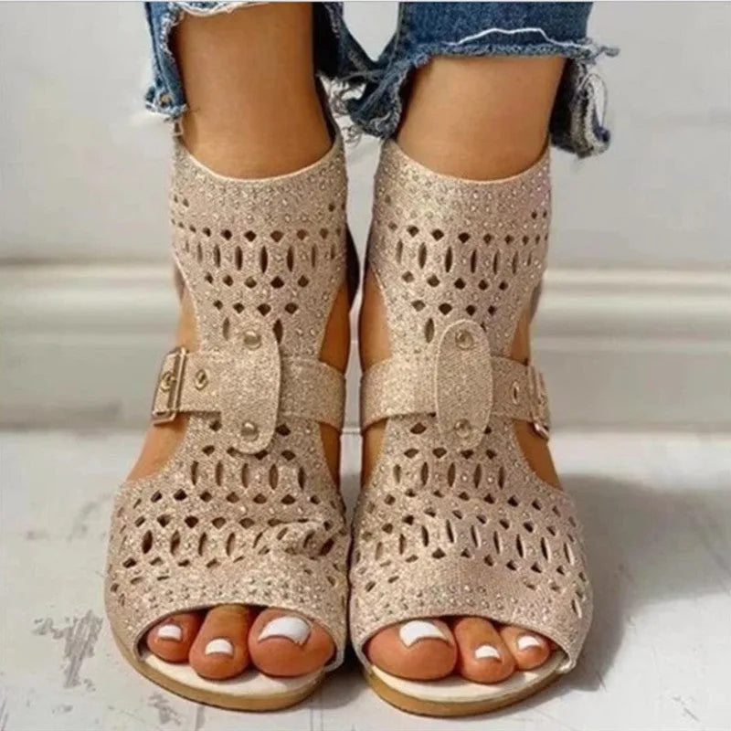 Women's beige flat sandals with wedge heel, back zipper, and fish mouth toe design
