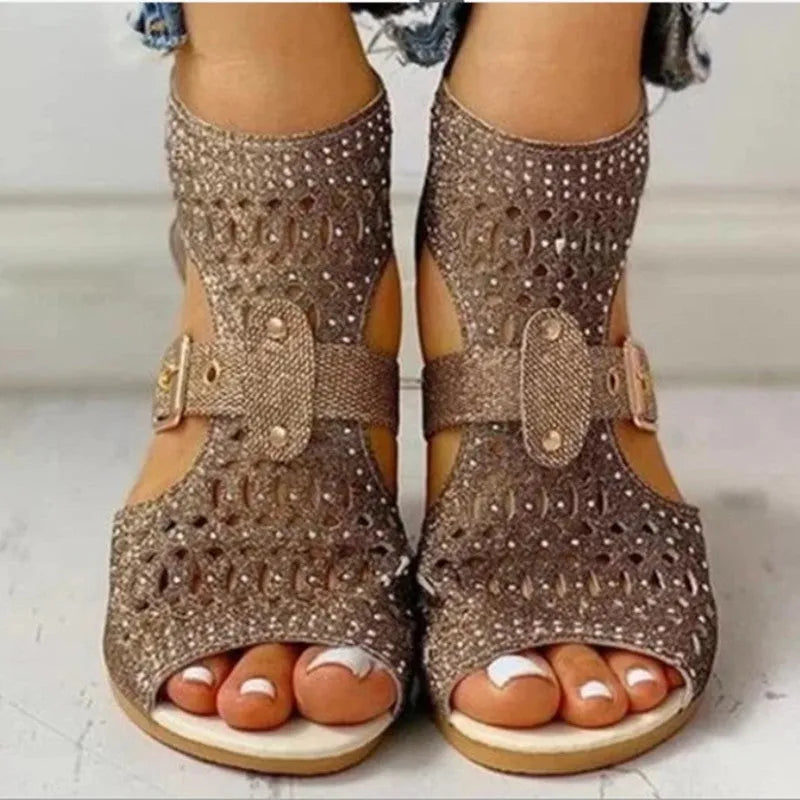 Women's beige flat sandals with wedge heel, back zipper, and fish mouth toe design