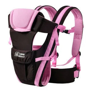 Multifunctional baby carrier sling in blue showing adjustable straps and four carrying positions.