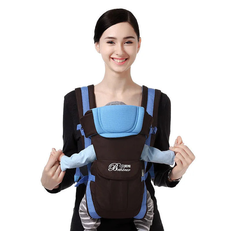 Multifunctional baby carrier sling in blue showing adjustable straps and four carrying positions.
