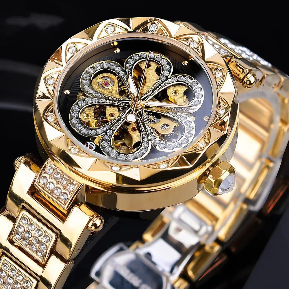 Forsining mechanical automatic ladies watch with 37mm round dial, titanium alloy strap, and rhinestone accents in rose gold colour